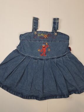 Vintage 2004 Sesame Street Elmo Embroidered  Pleated Overall Denim Dress 3T
